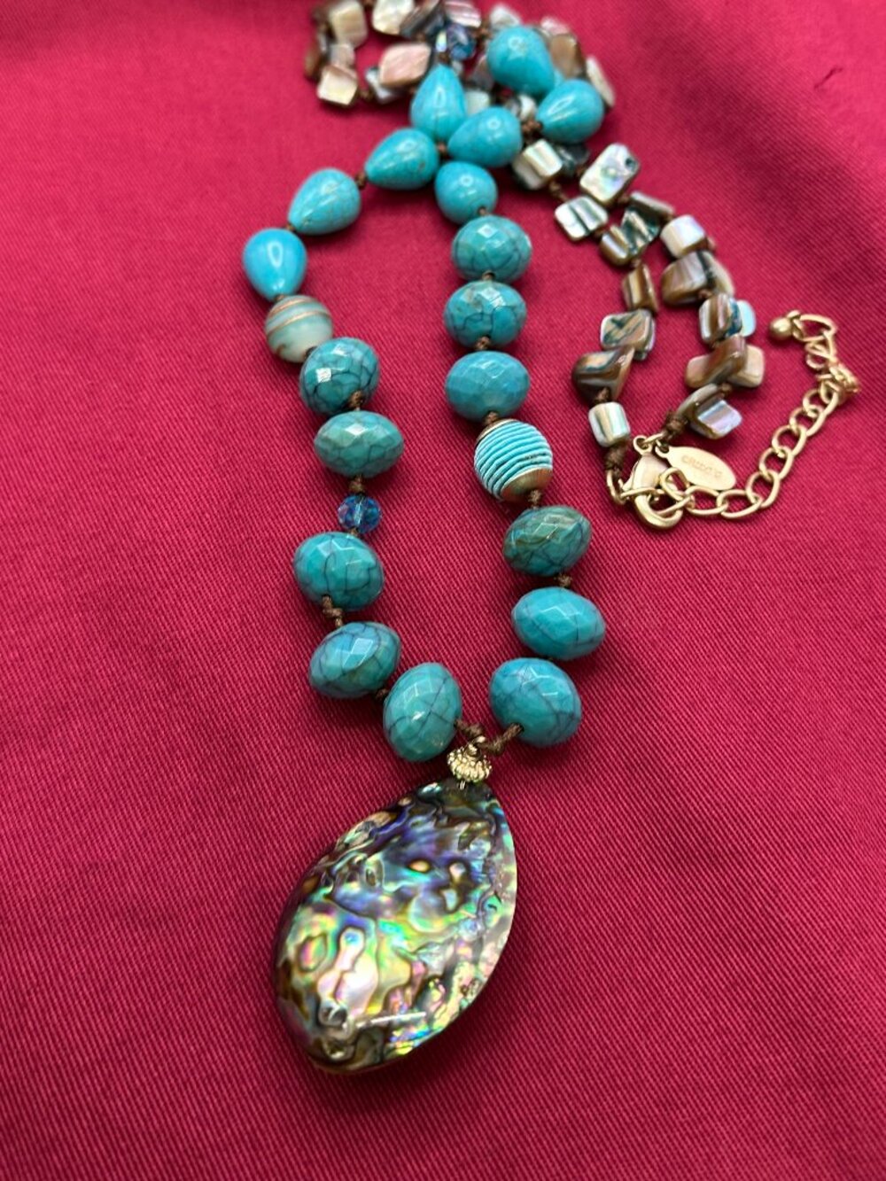 Long Chico’s Faux Turquoise Bead & Abalone Pendant Necklace